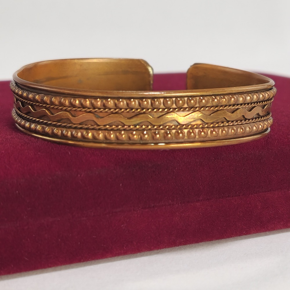 Vintage Copper Cuff Bracelet Textured Beaded Rope Wavy Zigzag Boho Bangle